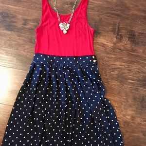 Navy Polka Dot Vintage High Waisted Skirt Outfit